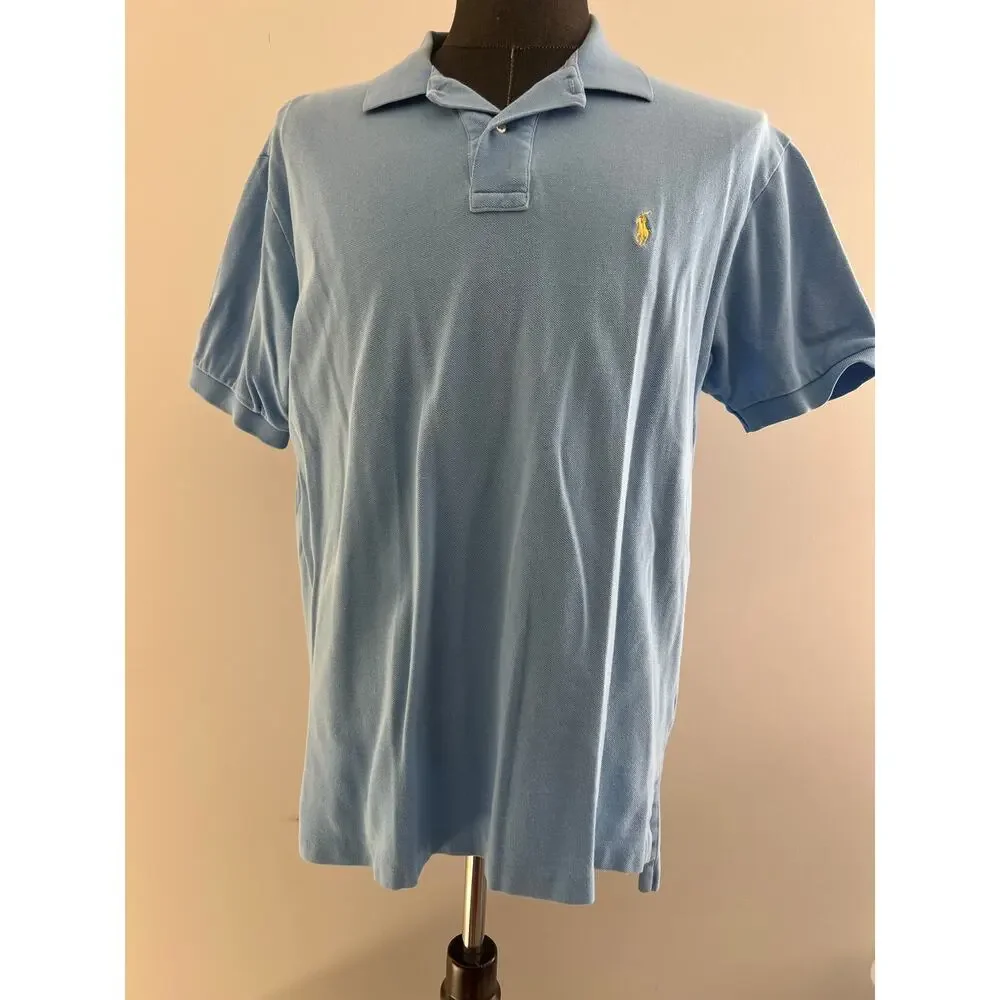 Polo Ralph Lauren 100% Pique Cotton Collared Shirt Baby Blue Size Large SG